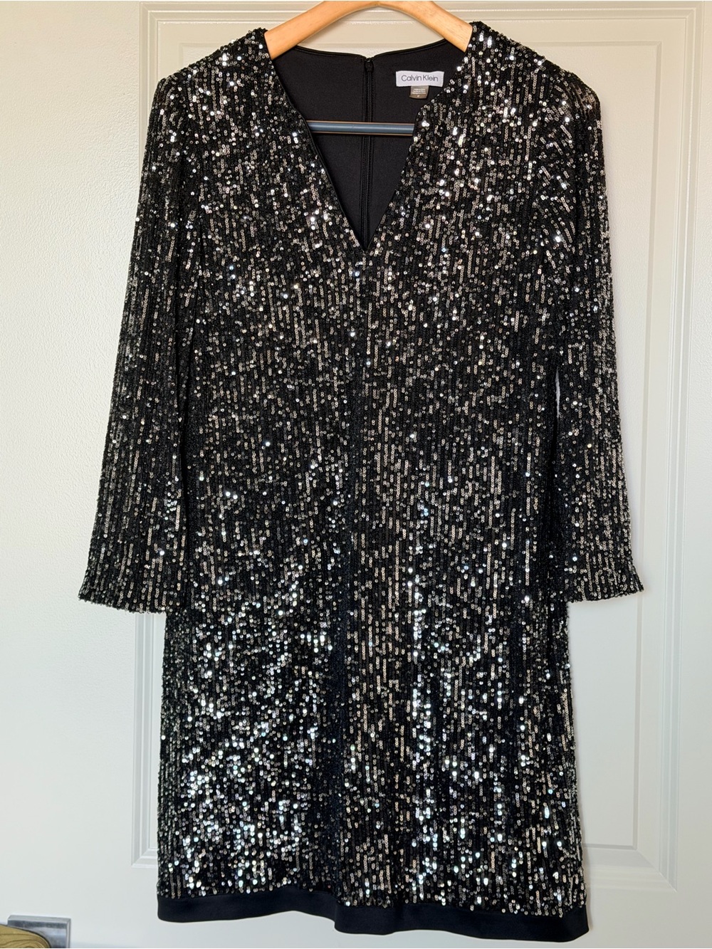 Calvin Klein Black Sequin Long Sleeve V-Neck Dress 12